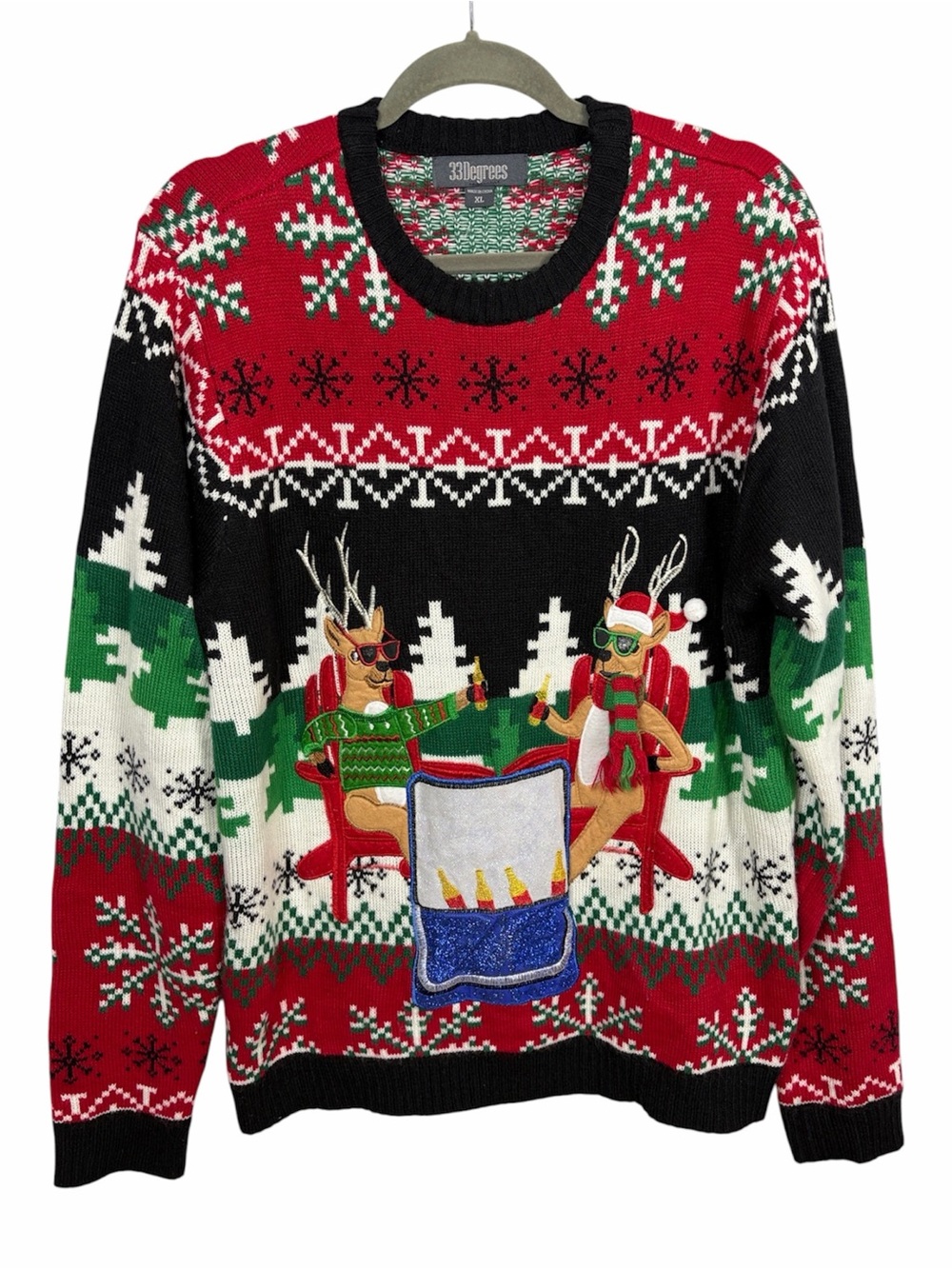 33 Degrees Men’s XL Ugly Christmas Sweater Reindeer Beer Drink Pocket